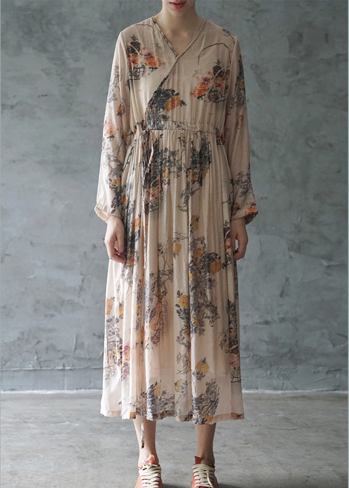 Italian Orange Tie Waist V Neck Print Party Dress Long Sleeve