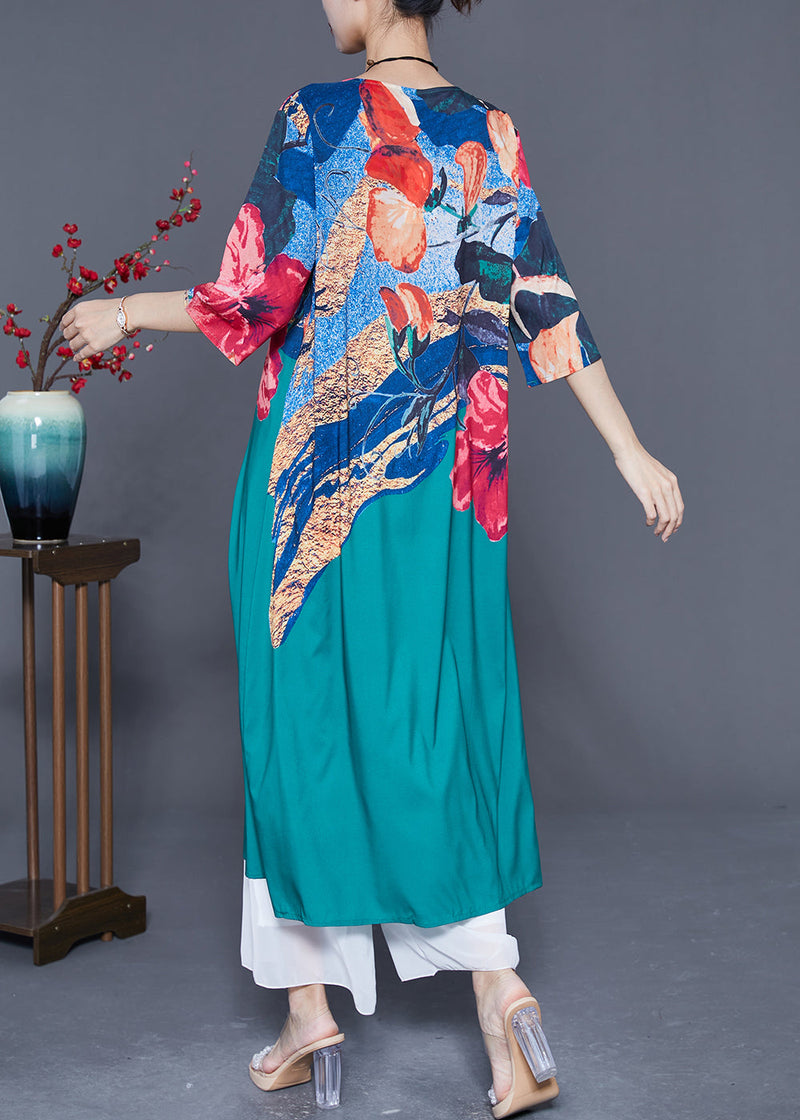 Italian Peacock Blue O-neck Print Chiffon Maxi Dresses Half Sleeve