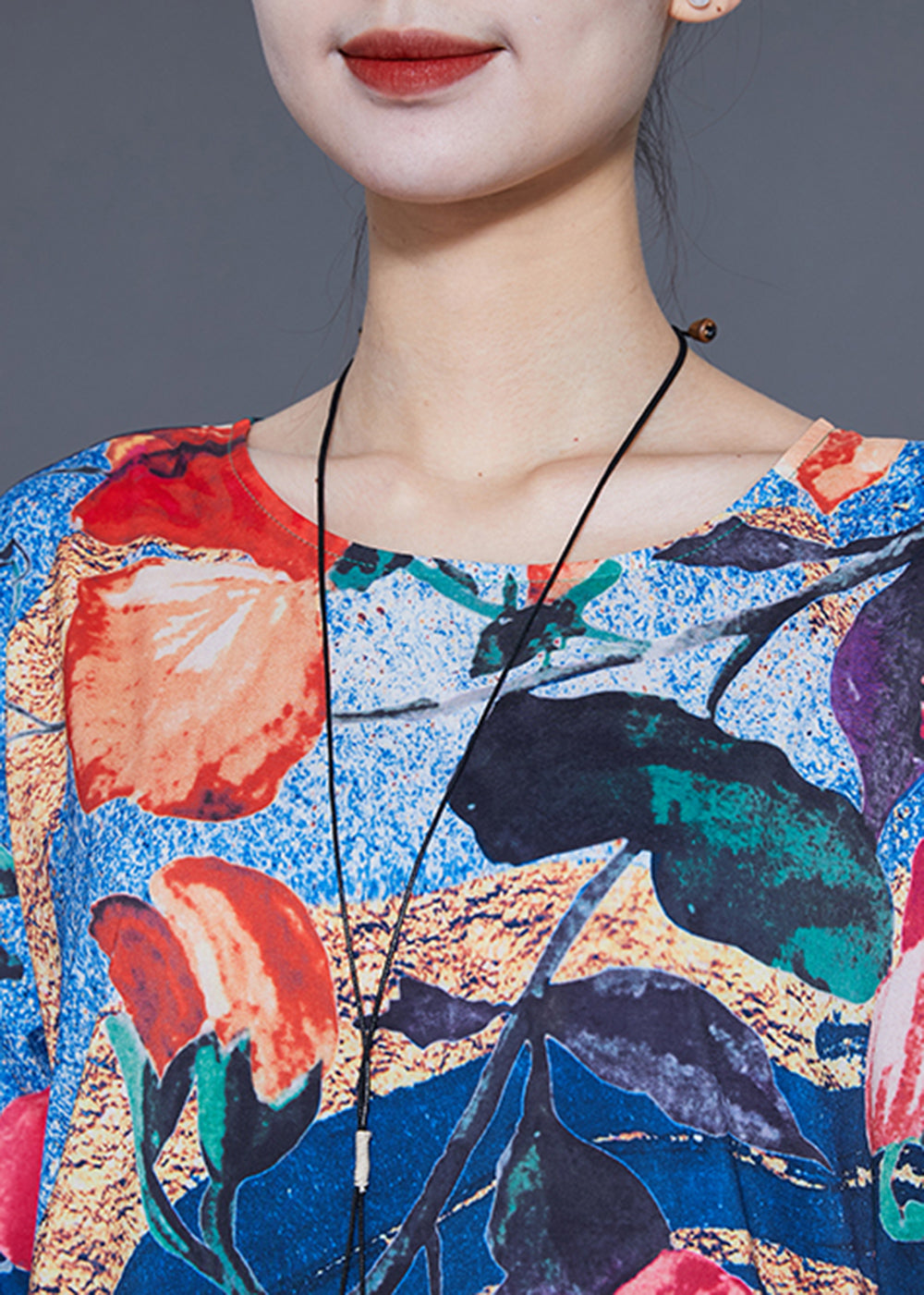 Italian Peacock Blue O-neck Print Chiffon Maxi Dresses Half Sleeve