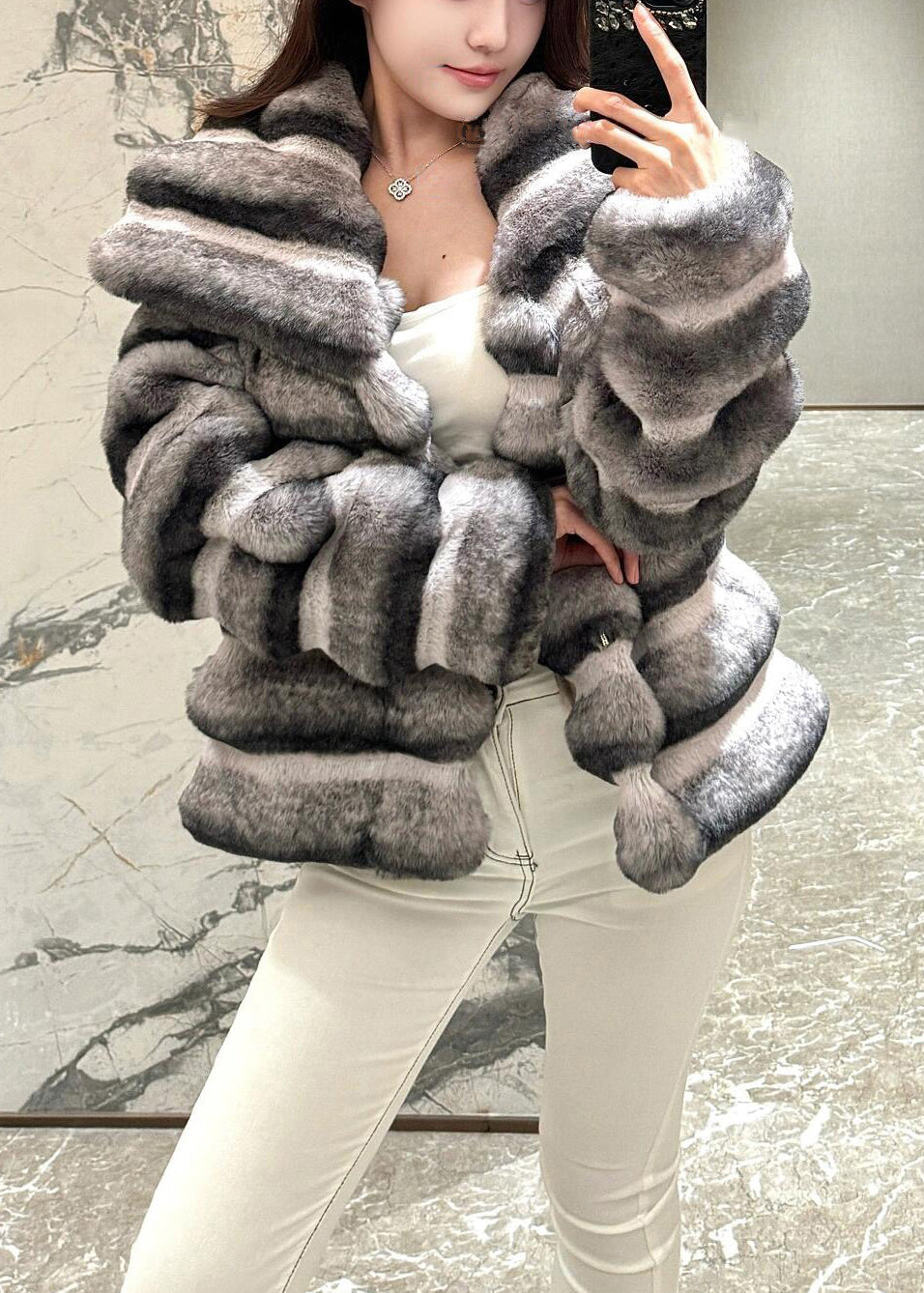 Italian Peter Pan Collar Striped Leather and Fur Coats Winter