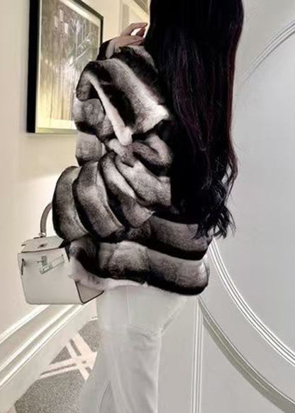 Italian Peter Pan Collar Striped Leather and Fur Coats Winter