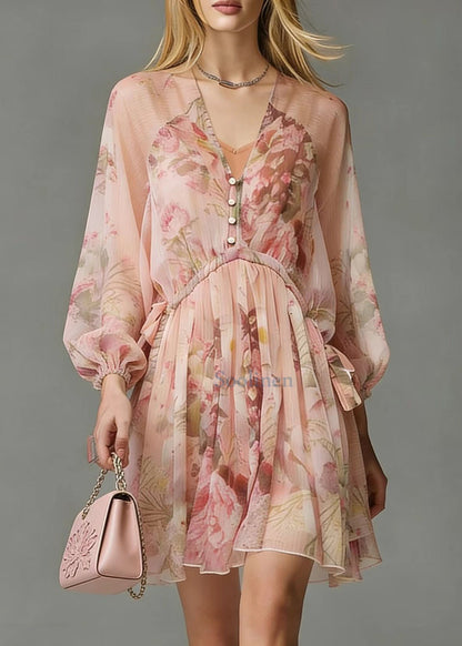 Italian Pink Cinched Print Chiffon Tea Dress Spring