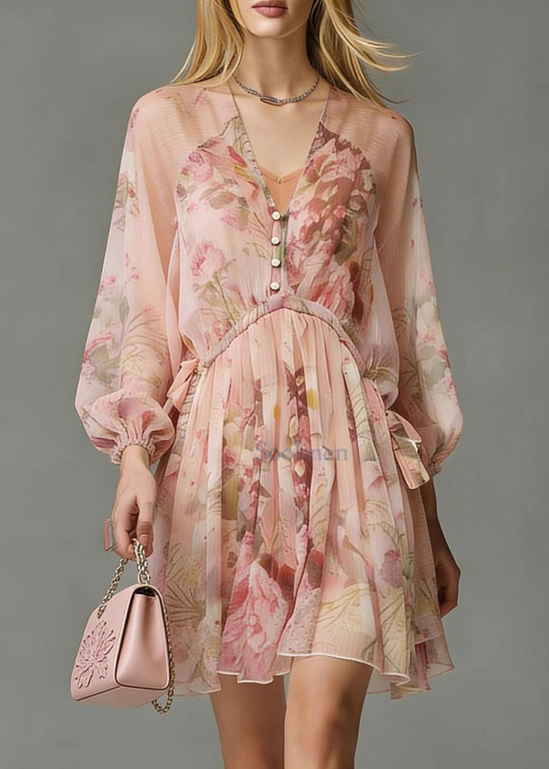 Italian Pink Cinched Print Chiffon Tea Dress Spring