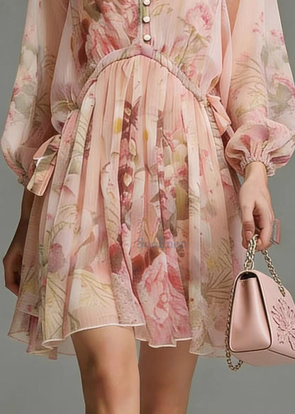 Italian Pink Cinched Print Chiffon Tea Dress Spring