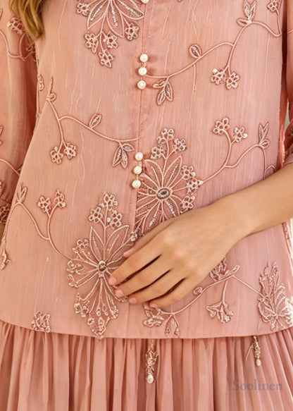 Italian Pink Embroidered Pearl Chiffon Shirt Tops Half Sleeve
