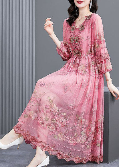 Italian Pink Embroideried Silk Cinched Dresses Bracelet Sleeve