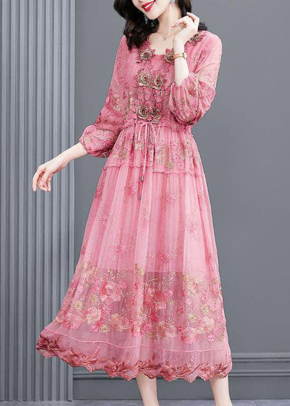 Italian Pink Embroidered Silk Cinched Dresses Bracelet Sleeve