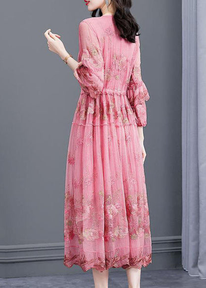 Italian Pink Embroidered Silk Cinched Dresses Bracelet Sleeve
