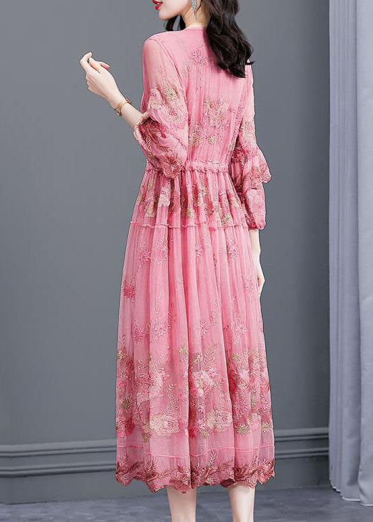 Italian Pink Embroidered Silk Cinched Dresses Bracelet Sleeve