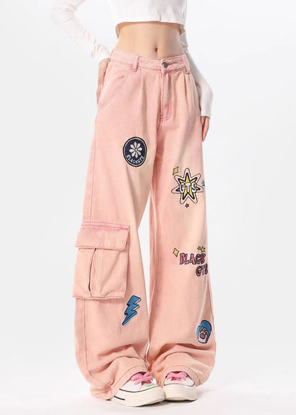 Italian Pink Embroidered Pockets Denim Wide Leg Pants Spring