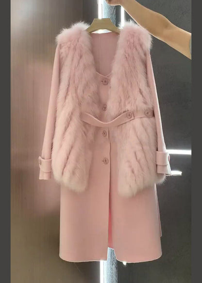 Italian Pink Fuzzy Fur Fluffy Waistcoat and Coat Woolen Sets 2 Pieces Winter