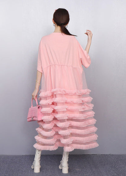 Italian Pink Layered Ruffled Patchwork Tulle Cake Dress Summer