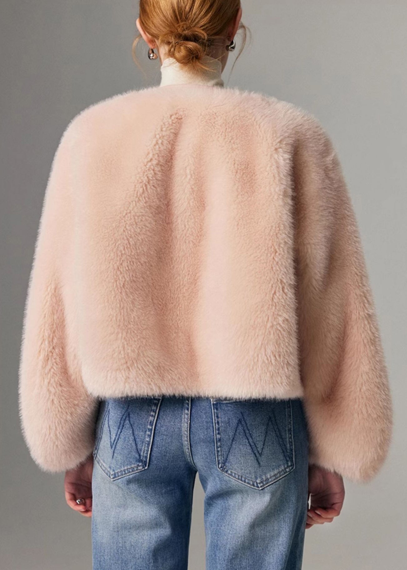 Italian Pink O Neck Button Leather and Fur Coat Winter