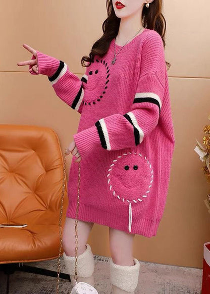 Italian Pink O-neck Oversized Jacquard Knit Sweater Dress Winter
