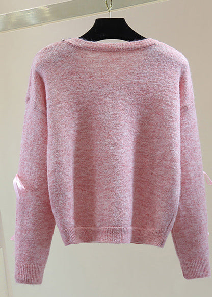Italian Pink O-neck Zippered Bow Cotton Knit Sweaters Winter