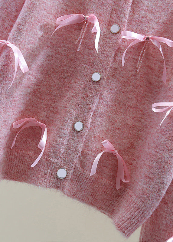 Italian Pink O-neck Zippered Bow Cotton Knit Sweaters Winter