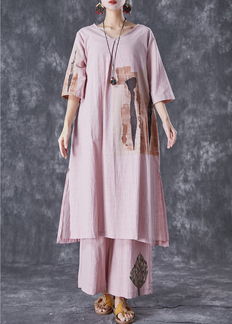 Italian Pink Oversized Print Linen Dress and Pants Sets 2 Pieces Summer
