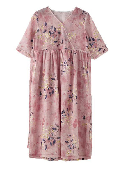 Italian Pink Print Cotton Orientaltie Waist Spring Dress