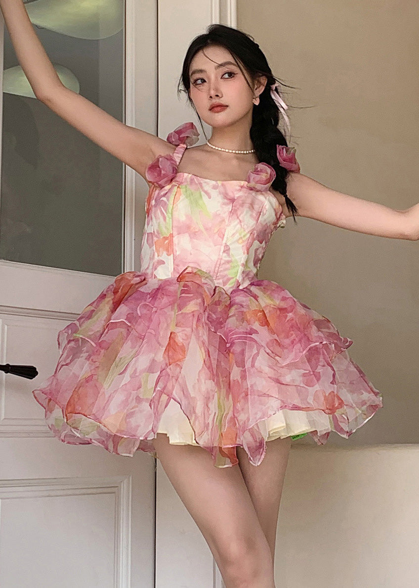 Italian Pink Print Silk Mini Strap Dress Sleeveless