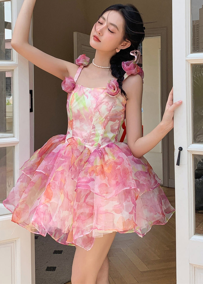 Italian Pink Print Silk Mini Strap Dress Sleeveless
