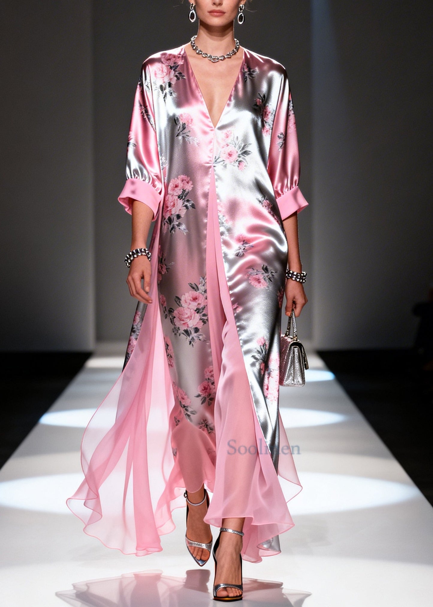 Italian Pink Print Patchwork Silk Fake Two Piece Dress Summer