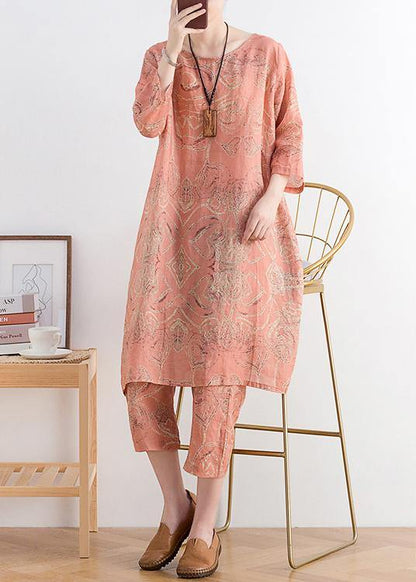Italian Pink Print Ramie O-neck Short Sleeve Harem Two Pieces Set