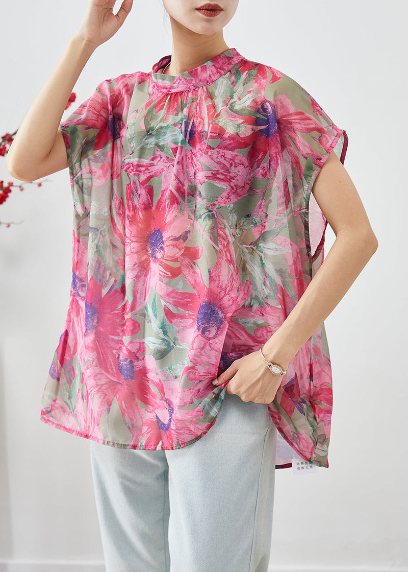 Italian Pink Print Wear on Both Sides Linen Silk Blouse Tops Summer