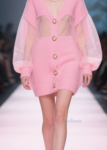 Italian Pink V Neck Tulle Button Patchwork Knit Cardigan Fall