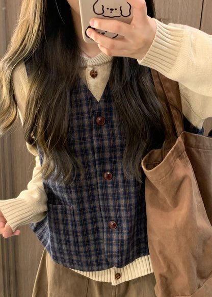 Italian Plaid Waistcoat and Sweaters Two Piece Set Fall