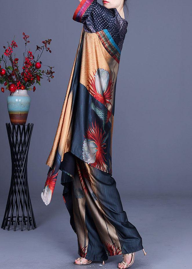 Italian Print Chiffon Asymmetrical Design Wide Leg Two Pieces Set