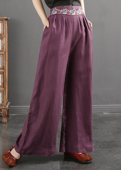 Italian Yellow Flowers Embroidered Pockets Linen Straight Pants Spring