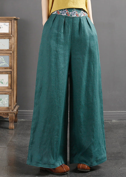 Italian Yellow Flowers Embroidered Pockets Linen Straight Pants Spring