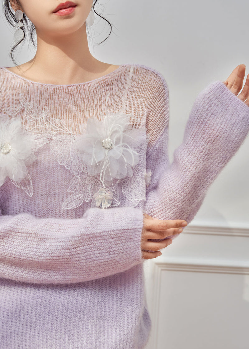 Italian Purple Hollow Out Patchwork Knit Sweater Spring