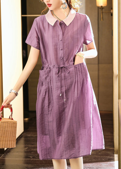 Italian Purple O-neck Patchwork Drawstring Button Party Long Dress Summer