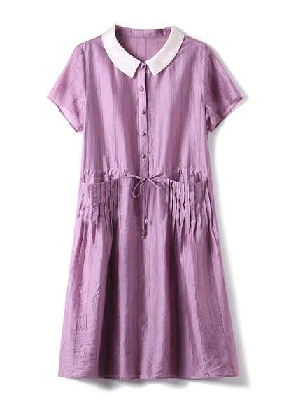 Italian Purple O-neck Patchwork Drawstring Button Party Long Dress Summer