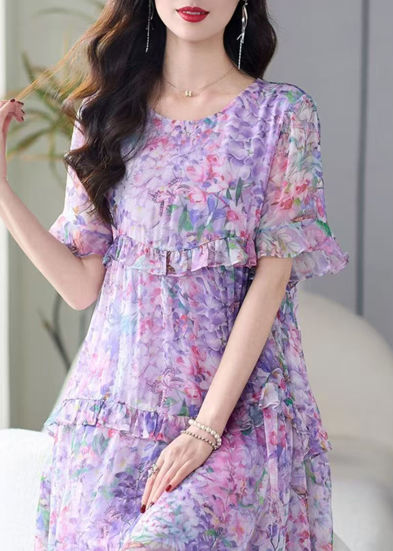 Italian Purple O-neck Ruffled Print Chiffon Dress Summer