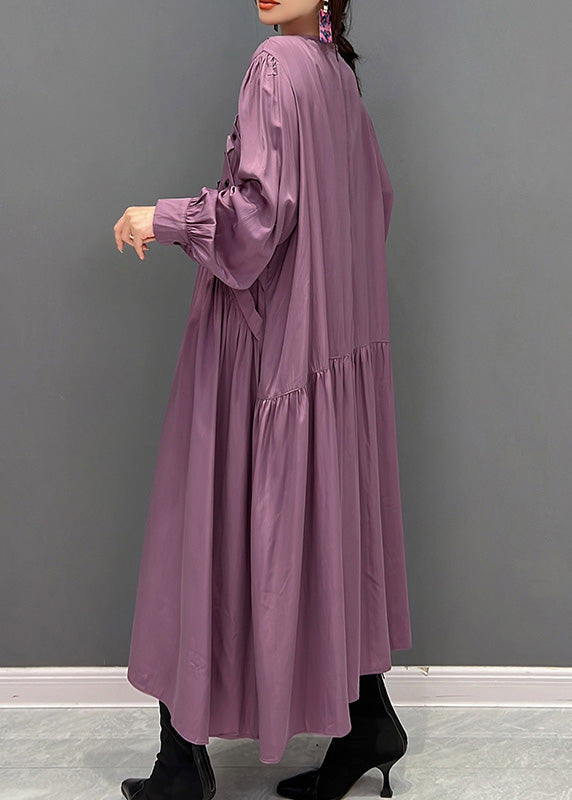 Italian Purple O-neck Wrinkled Button Maxi Dresses Spring
