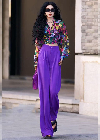 Italian Purple Peter Pan Collar Print Shirts and Wide Leg Pants Two Piece Set Fall