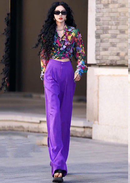 Italian Purple Peter Pan Collar Print Shirts and Wide Leg Pants Two Piece Set Fall