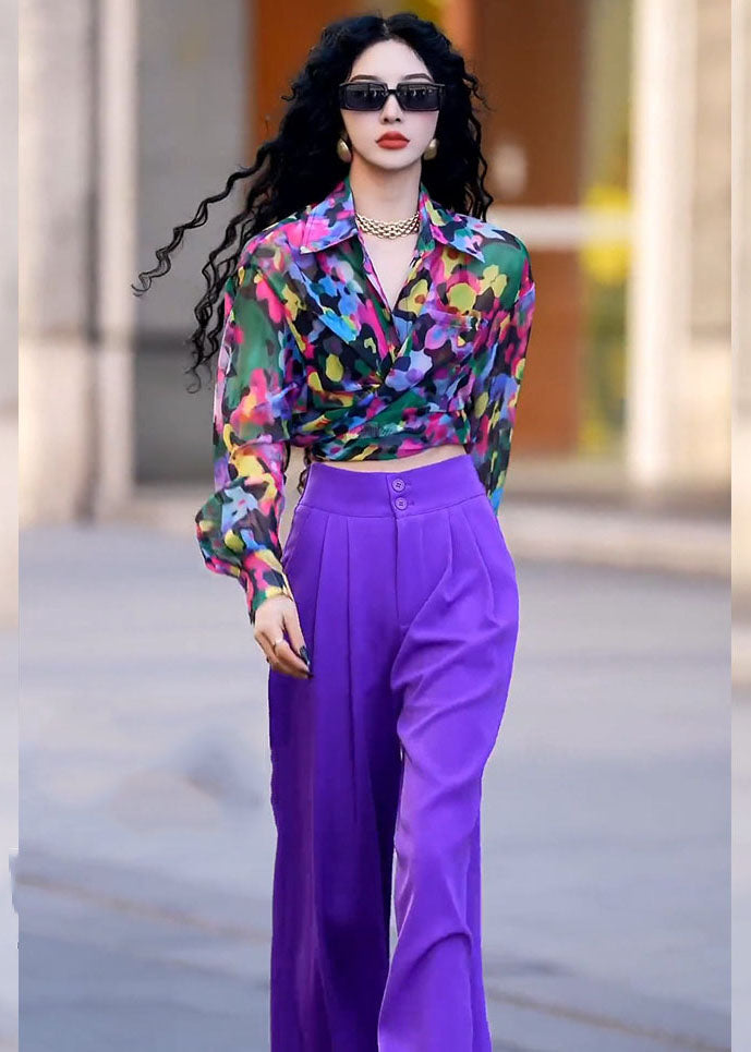 Italian Purple Peter Pan Collar Print Shirts and Wide Leg Pants Two Piece Set Fall