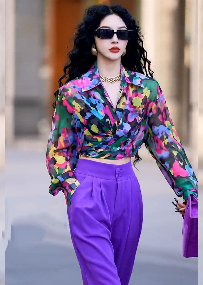 Italian Purple Peter Pan Collar Print Shirts and Wide Leg Pants Two Piece Set Fall