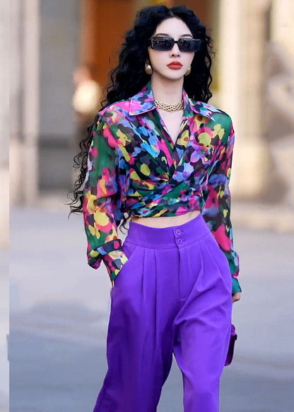 Italian Purple Peter Pan Collar Print Shirts and Wide Leg Pants Two Piece Set Fall