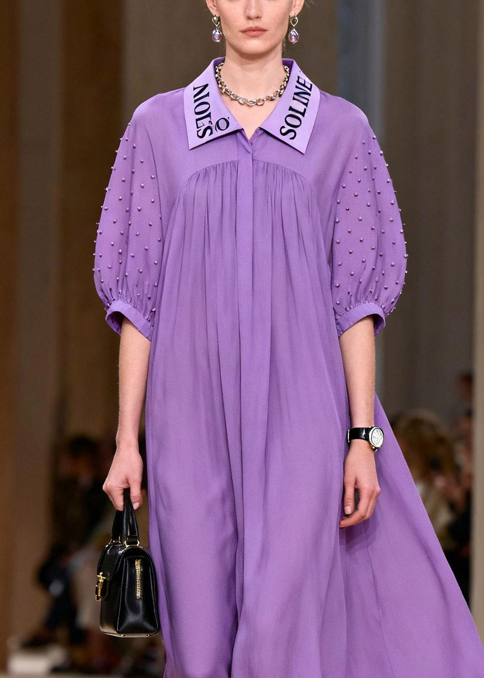 Italian Purple Peter Pan Collar Wrinkled Chiffon Maxi Dress Half Sleeve