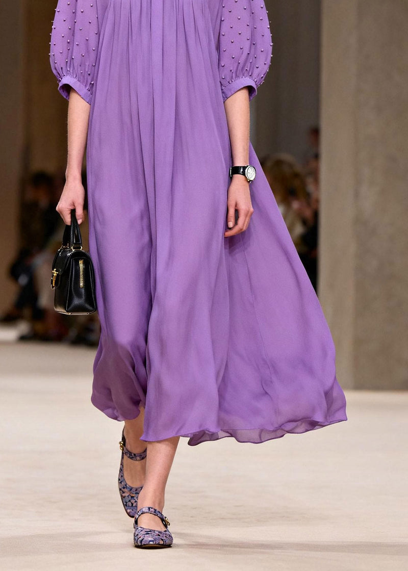 Italian Purple Peter Pan Collar Wrinkled Chiffon Maxi Dress Half Sleeve