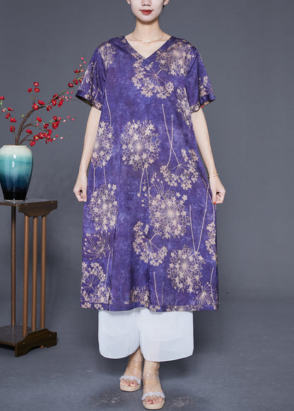 Italian Purple Print Khaki Tie Dye Wear on Both Sides Silk Vacation Dresses Summer