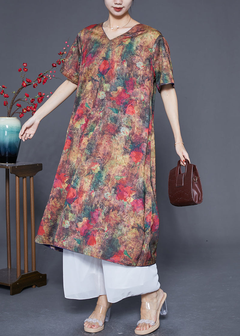Italian Purple Print Khaki Tie Dye Wear on Both Sides Silk Vacation Dresses Summer