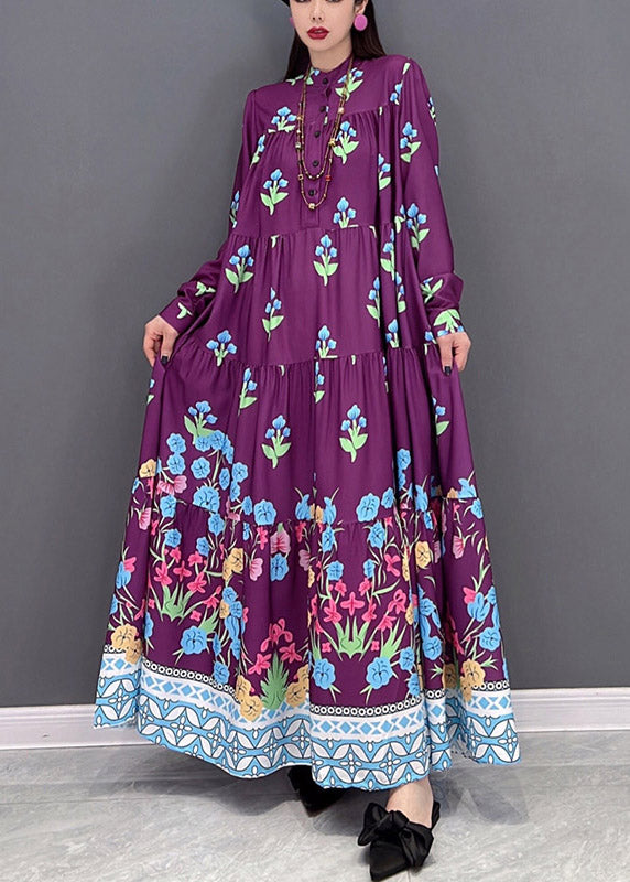 Italian Purple Stand Collar Button Vacation Dresses Long Sleeve