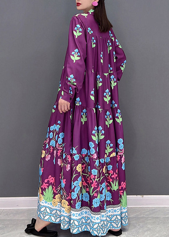 Italian Purple Stand Collar Button Vacation Dresses Long Sleeve