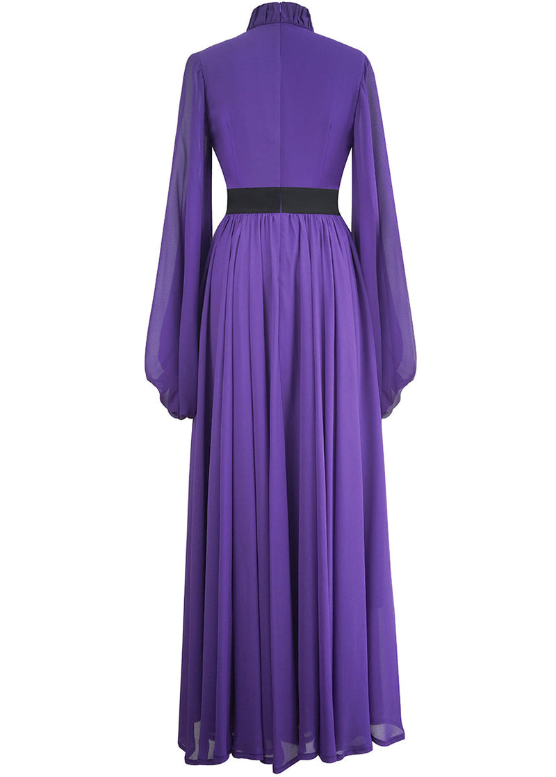Italian Purple Stand Collar Wrinkled Silk Long Dresses Lantern Sleeve