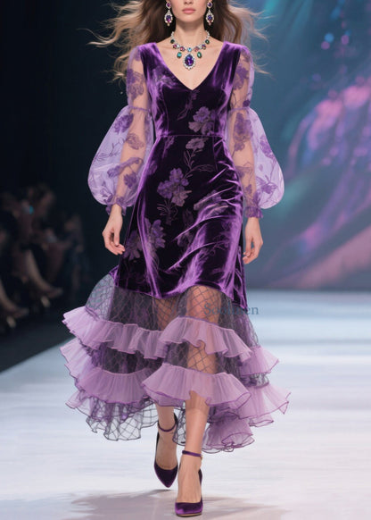 Italian Purple V Neck Print Tulle Ruffled Velvet Dress Spring
